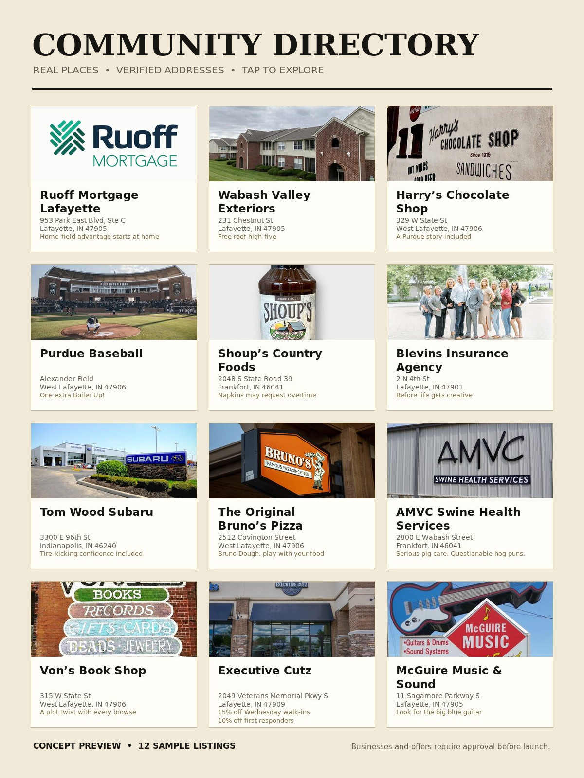 Preview of a Very Good Local community directory with twelve real Lafayette-area business photographs and verified addresses
